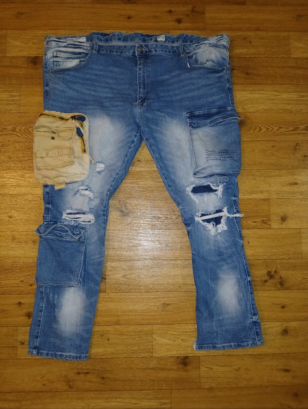 SMOKE RISE NY Denim Men's Distressed Light Blue Cargo Slim Jeans
